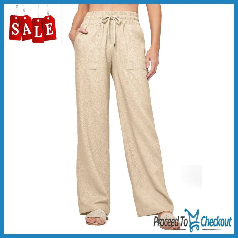 Women's Linen Wide Leg Pants With Pockets Elastic Waist Casual Lounge